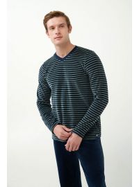 Ανδρική πυτζάμα Vamp - Navy με ρίγες - Homewear Set Βελουτέ - Regular Fit - CottonΑνδρική πυτζάμα Vamp - Navy με ρίγες - Homewear Set Βελουτέ - Regular Fit - Cotton
