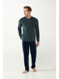 Ανδρική πυτζάμα Vamp - Navy με ρίγες - Homewear Set Βελουτέ - Regular Fit - Cotton