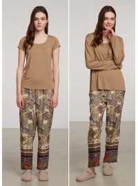 Γυναικεία πυτζάμα Penye Mood  - Εμπριμέ - Καφέ - 3 τμχ