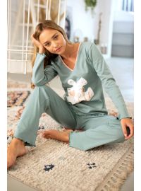 Γυναικεία πυτζάμα Happy Family - Μέντα - Μονόχρωμο Παντελόνι με σχέδιο