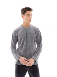 Ανδρική πυτζάμα ULISSE  - Γκρι ριγέ Μπλούζα - Βελούδινη - Regular Fit - Cotton