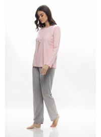 Γυναικεία πυτζάμα Galaxy - Ροζ - Γκρι πουά παντελόνι - Regular Fit - Cotton