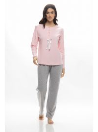 Γυναικεία πυτζάμα Galaxy - Ροζ - Γκρι πουά παντελόνι - Regular Fit - Cotton