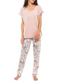 Γυναικεία πυτζάμα Pink Label - Φλοράλ παντελόνι - Μπλούζα σάπιο μήλο