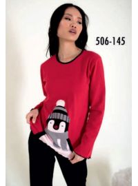 Γυναικεία πυτζάμα Happy Family - Κόκκινη - Μαύρο Παντελόνι