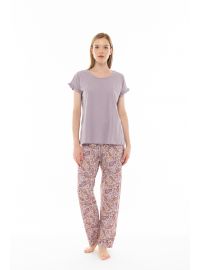 Γυναικεία πυτζάμα Pink Label - Παντελόνι με λαχούρια - Λιλά μπλούζα