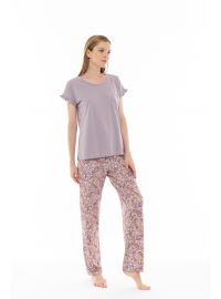 Γυναικεία πυτζάμα Pink Label - Παντελόνι με λαχούρια - Λιλά μπλούζα