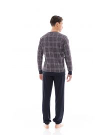 Ανδρική πυτζάμα Pink Label - Γκρι Καρό μπλούζα - Μπλε παντελόνι