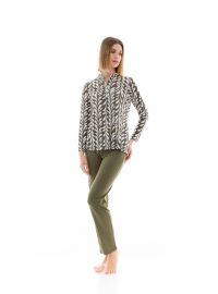 Γυναικεία Πυτζάμα Pink Label - Εμπριμέ μπλούζα - Λαδί παντελόνι