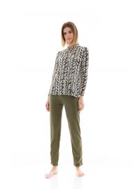 Γυναικεία Πυτζάμα Pink Label - Εμπριμέ μπλούζα - Λαδί παντελόνι