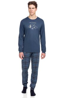 Ανδρική πυτζάμα Vamp - Ανοιχτό Μπλε - Παντελόνι καρό - Homewear Set - Cotton
