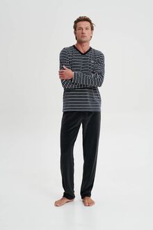Ανδρική πυτζάμα Vamp - Ανθρακί με ρίγες - Homewear Set Βελουτέ