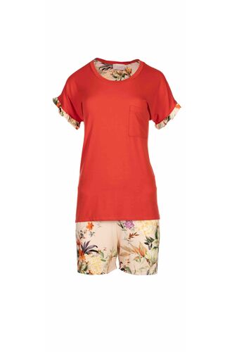 Γυναικεία πυτζάμα Pink Label - Φλοράλ σορτσάκι - Κόκκινη μπλούζα