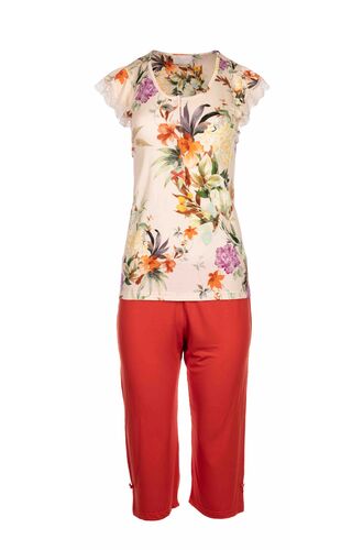Γυναικεία πυτζάμα Pink Label - Κόκκινο κάπρι - Αμάνικη φλοράλ