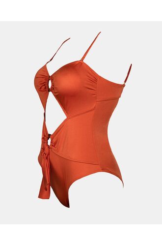 Γυναικείο μαγιό ολόσωμο Strapless Rock Club - Άνοιγμα μπροστά - Terracotta - Regular Fit - Lycra