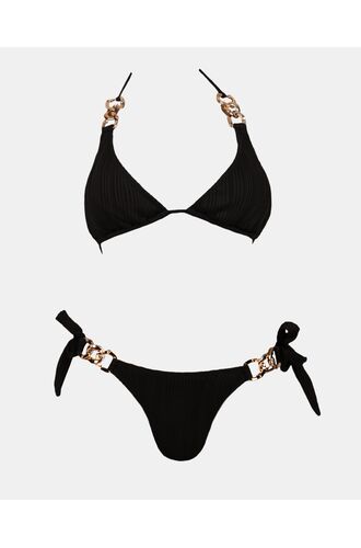 Γυναικείο Σετ μαγιό Rock Club - Μαύρο - Bikini δετό με αλυσίδες - Regular Fit - Lycra