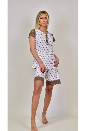 Γυναικεία πυτζάμα Miss Rodi - Kρεμ Πουά - Κοντό Μανίκι - Βερμούδα
