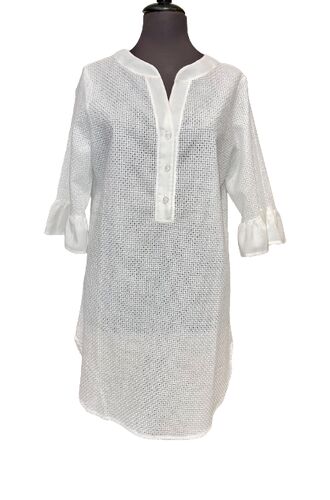 Lida Γυναικείο Beachwear - 3/4 μανίκι - Λευκό - Βαμβακερό - Μαό Γιακά