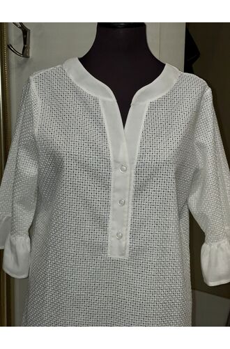 Lida Γυναικείο Beachwear - 3/4 μανίκι - Λευκό - Βαμβακερό - Μαό Γιακά