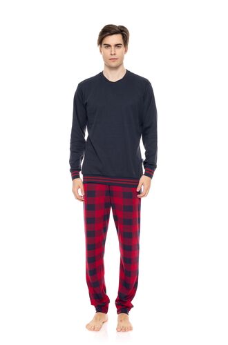Ανδρική πυτζάμα ULISSE  - Κόκκινο Καρό παντελόνι - Μπλε - Cotton - Regular Fit