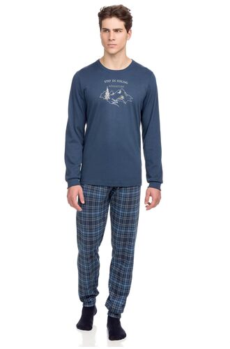 Ανδρική πυτζάμα Vamp - Ανοιχτό Μπλε - Παντελόνι καρό - Homewear Set - Cotton