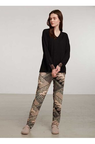 Γυναικεία πυτζάμα Penye Mood  - Εμπριμέ - Μαύρη