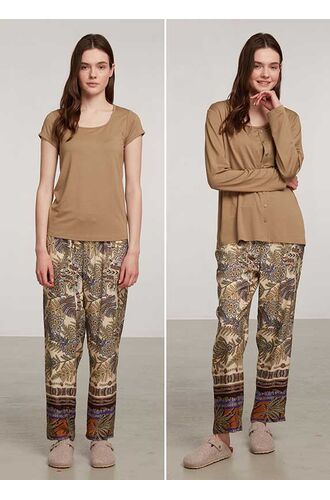 Γυναικεία πυτζάμα Penye Mood  - Εμπριμέ - Καφέ - 3 τμχ