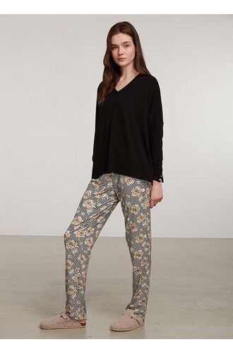 Γυναικεία πυτζάμα Penye Mood  - Εμπριμέ - Μαύρη