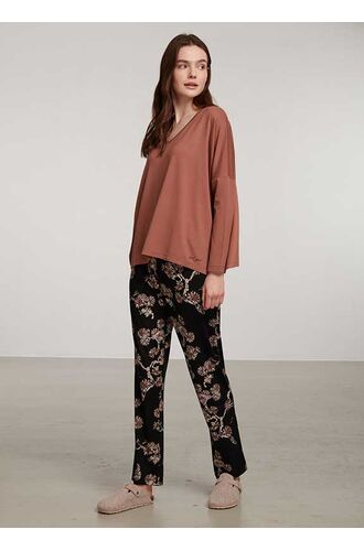 Γυναικεία πυτζάμα Penye Mood  - Εμπριμέ - Μαύρο - Καφέ