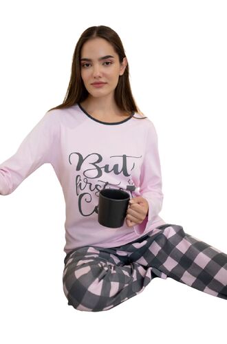 Γυναικεία πυτζάμα Happy Family - Ροζ - Παντελόνι με σχέδιο