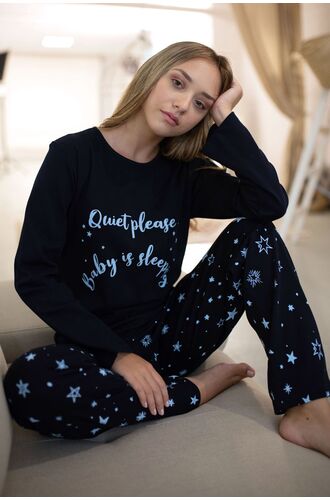 Γυναικεία πυτζάμα Happy Family - Σκούρο Μπλε - Εμπριμέ Παντελόνι