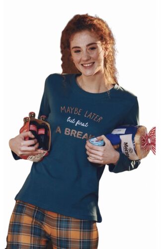 Γυναικεία πυτζάμα Noidinotte - Πετρόλ - Καρό Παντελόνι Μουσταρδί