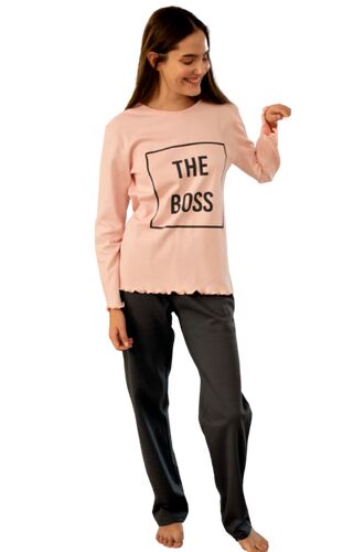 Γυναικεία πυτζάμα Happy Family - Ροζ - Μονόχρωμο Μαύρο Παντελόνι