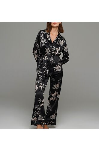 Γυναικεία πυτζάμα Lida - Μαύρο Σατέν - Floral - Homewear Set