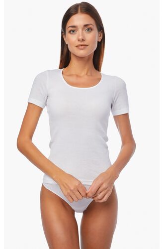 Γυναικείο φανελάκι Minerva - Λευκό Rib - Κοντομάνικο - Σατέν ρέλι - 2 Pack - Regular Fit - Cotton