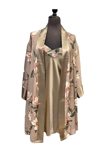 Γυναικεία Ρόμπα - Νυχτικό Σατέν - Σετ Fontana di vita - Μόκα/Φλοράλ