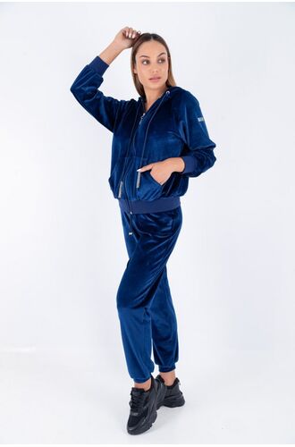 Γυναικεία φόρμα Set Claire Katrania - Μπλε - Βελουτέ - Ζακέτα με κουκούλα