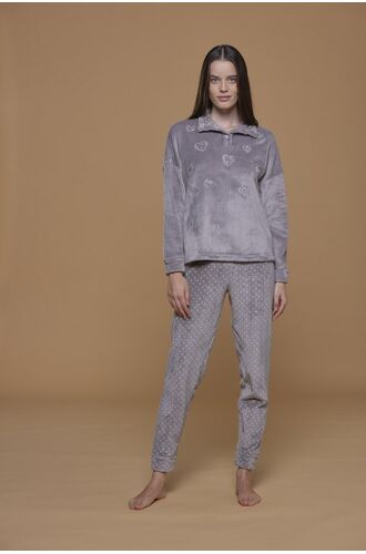 Γυναικεία πυτζάμα Noidinotte - Γκρεζ βελουτέ - Πουά Παντελόνι
