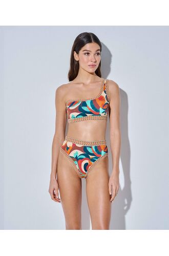 Lida Σετ Μαγιό - Color Print μπικίνι - Crop top με έναν ώμο - Ψηλόμεσο - Slip - Lycra - Regular Fit