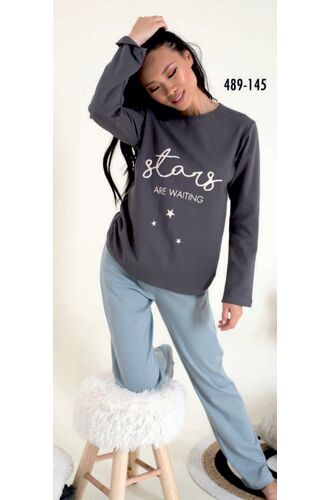 Γυναικεία πυτζάμα Happy Family - Γκρι - Γαλάζιο - Print