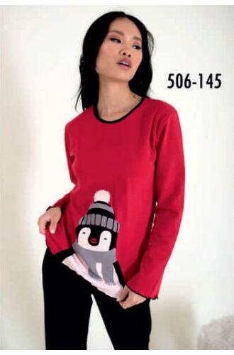 Γυναικεία πυτζάμα Happy Family - Κόκκινη - Μαύρο Παντελόνι