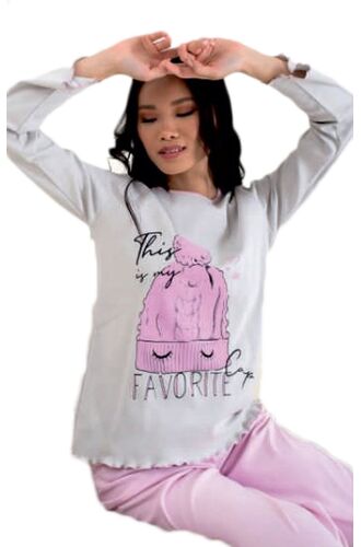 Γυναικεία πυτζάμα Happy Family - Λευκό - Ροζ Παντελόνι