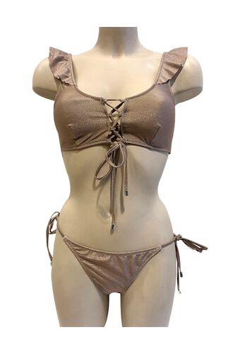 Lida Μαγιό Χρυσό - Σετ μπικίνι Crop Top με βολάν