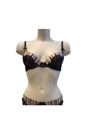 Σουτιέν Lida Push Up - Σατέν μόκα ριγέ - Δαντέλα μαύρη - Cup Β