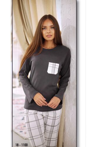 Γυναικεία πυτζάμα Happy Family - Γκρι - Καρό Παντελόνι