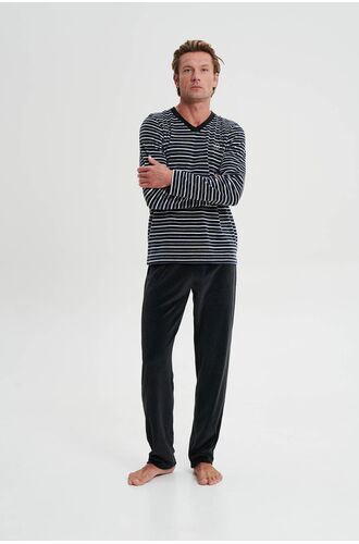 Ανδρική πυτζάμα Vamp - Ανθρακί με ρίγες - Homewear Set Βελουτέ
