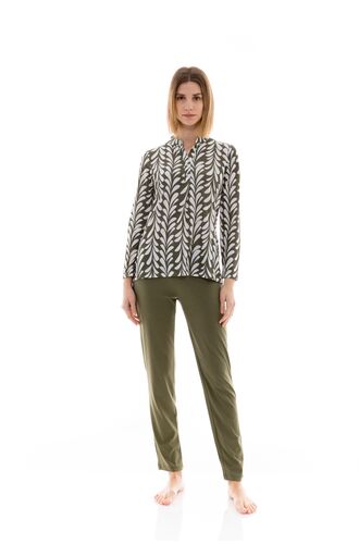 Γυναικεία Πυτζάμα Pink Label - Εμπριμέ μπλούζα - Λαδί παντελόνι